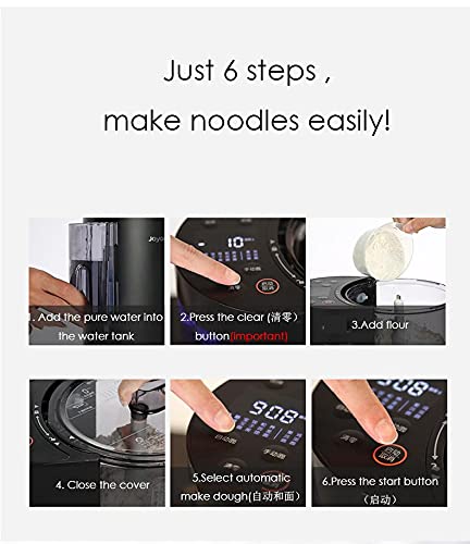 Six-step visual guide for making noodles with the JOYOUNG M6-L20S pasta maker.