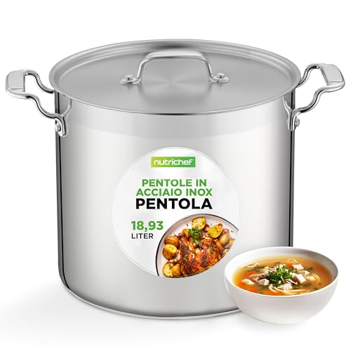 NutriChef Pentola Acciaio Inox 19 Litri con Coperchio - Pentola Induzione Grande per Zuppe e Stufati, Adatta a Gas, Elettrico e Piani a Induzione
