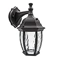 Maxxima Outdoor Wall Light, Black, 580 Lumens, 3000K Warm White, Dusk to Dawn Sensor, Water Glass, Patio or Porch Sconce, 120VAC, 60Hz