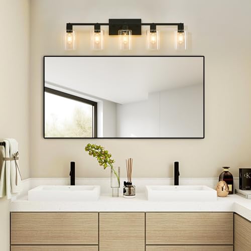 Image of 5 Light Vanity Lights for Bathroom, Black Bathroom Vanity Light, Large Vanity Light Fixtures, Bathroom Lighting Fixtures Over Mirror, Vanity Lights with Clear Glass for Bathrrom