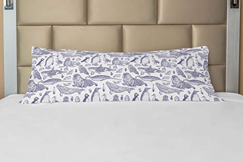 Ambesonne Animal Body Pillow Case Cover with Zipper, Sketchy Drawn Arctic Narwhal Snowy Owl Albatross Beluga Whale Penguin, Decorative Accent Long Pillowcase, 21" x 54", Indigo White