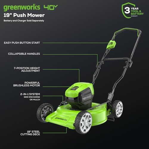 Greenworks 40V 19" Brushless (Push) Cordless Lawn Mower, 4.0Ah Battery and Charger - Thumbnail 4