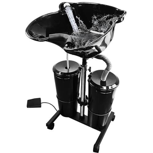EVGTTI Portable Salon Basin,Mobil Deep Shampoo Sink with 2 Bucket and Electric Pump, Height Adjustable Tilt Angle, Shampoo Bowl Hair Washing for Barber Shop Elderly/Pregnant Woman