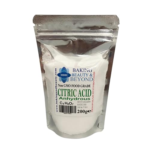 Baking Beauty and Beyond Food Grade Anhydrous Citric Acid - Non-GMO, Premium Quality Acid Perfect for BathBomb, Wine making, cleaning, descaling, Food additive, and cosmetics - 200g