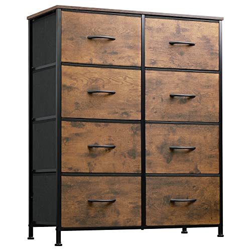 WLIVE Fabric Dresser for Bedroom, Tall Dresser with 8 Drawers, Storage Tower with Fabric Bins, Double Dresser, Chest of Drawers for Closet, Living Room, Hallway, Dorm, Rustic Brown Wood Grain Print