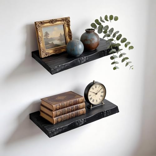 Zelipan Solid Elm Wood Live Edge Floating Shelves, 16 Inch Set of 2, Black Rustic Wall Shelves with Hidden Heavy-Duty Brackets, Wall Mounted Storage for Living Room, Bathroom, Bedroom, Kitchen
