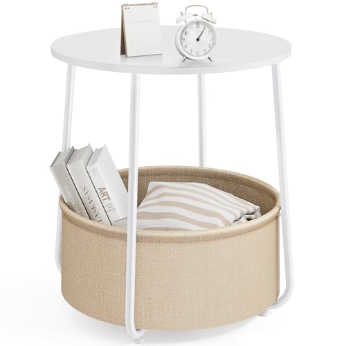 Image of Sweetcrispy Small Round Side End Table for Living Room, Modern Nightstand Bedside Table with Fabric Basket for Bedroom Nursery, Side Table with Steel Frame - White & Beige