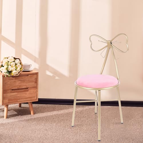 Image of Velvet Vanity Chairs, Metal Cute Butterfly Stool Chair Dresser Makeup Chairs Stool with Pink Velvet Cushion and Bow Knot Backrest for Girl Bedroom, Living Room (Dark Pink)