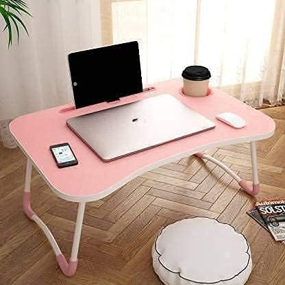 Image of Foldable Wooden Mini Laptop Table for Bed, Study Table with Drawer, Tablet /Mobile Holder for Kids & Adults (PINK 1)