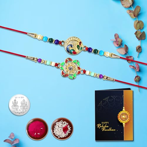 Image of Oblivion Peacock and Floral Beadwork Rakhi Set of 2 for Brother with Silver Colour Coin, Pooja Coin, Tilak Set and Greeting Card for Raksha Bandhan