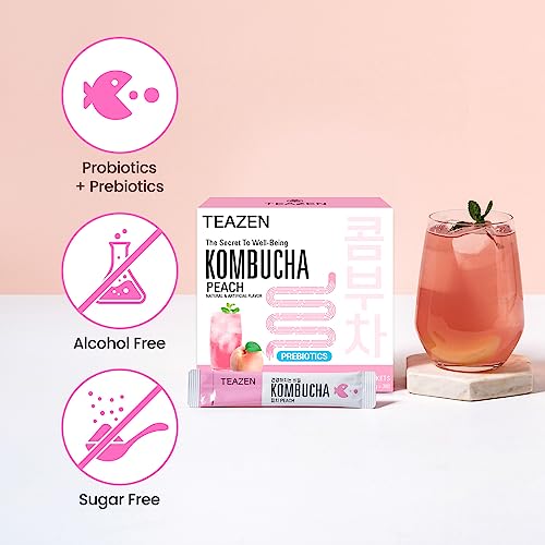 Teazen Kombucha Tea, Zero Sugar, Sparkling Fermented Powdered Mix Beverage From Korea, Live Probiotics & Prebiotics, 30 Sticks, 5.29Oz (Peach) #TOP3