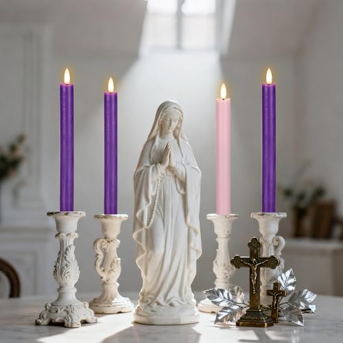 Image of Flameless Taper Candles with Rmote, 9.6 inch Real Wax Flameless Advent Candles, Battery Operated Purple and Pink Christmas Candlesticks for Wreath, Christ, Home, Church, Catholic Decoration
