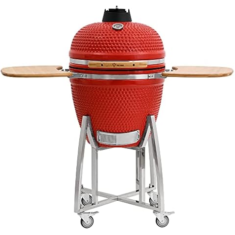 BBQ-Toro Kamado Grill | Holzkohlegrill Kuro Ø 46 cm mit Bambusablage, Thermometer, Holzgriff | Rot | Holzkohlegrill mit Rollen Cover