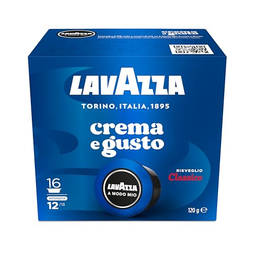 Lavazza, A Modo Mio Crema e Gusto Risveglio Classico, 16 Coffee Pods, for an Espresso with Chocolate and Dried Fruit Notes, Arabica and Robusta, Intensity 12/13, Medium Roast