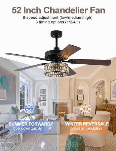 Image of 52'' Black Chandelier Fan Crystal Farmhouse Ceiling Fan with Light