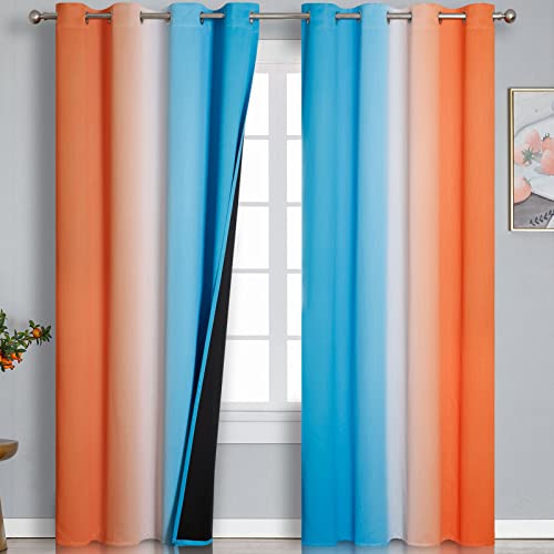 Estelar Textiler Orange and Blue Blackout Curtains 96 Inches Long, Full Light Blocking Gradient Curtains for Bedroom, Ombre Thermal Insulated Blackout Drapes for Living Room, 52x96 Inch, 2 Panels
