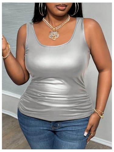 MakeMeChic Women's Plus Size Y2K PU Leather Tank Top Square Neck Ruched Sleeveless Vest Party Club Tops4