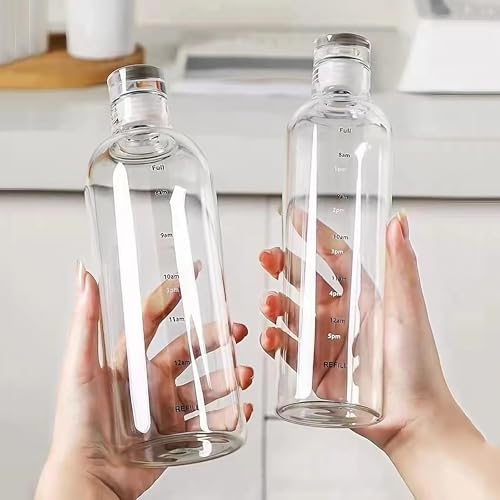 Image of Glass Water Bottle with Time Marker - 1000ML Leakproof Reusable Bottle - BPA-Free Transparent Bottle with Colored Lids - Drinking Bottles Water, Milk, Juices, Beverages (Transparent 1000ML)