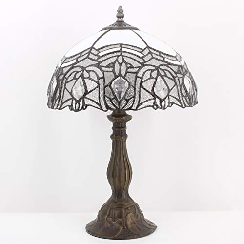 Image of WERFACTORY Tiffany Lamp White Bent Stained Glass Bedside Table Lamp 18 Inch
