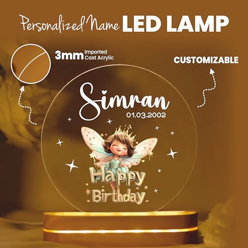 Image of PRINTHUA Personalized LED Night Table Lamp with Custom Name, Unique Gift for Women, Men, Kids, Girlfriend, Boyfriend, Husband, Wife | (Happy Birthday) Plastic,Multicolour