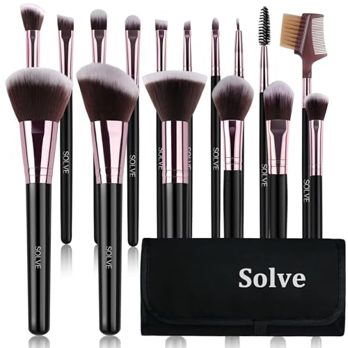 SOLVE Makeup Brushes 16 Pcs Premium Synthetic Foundation Blending Blush Concealer Eye Shadow Makeup Brush Setï¼Å’Leather Travel Makeup bag Includedï¼Å’ Black with Rose Gold
