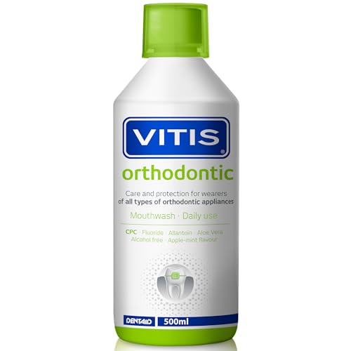 Vitis Orthodontic Mouthwash 500ml - Alcohol-Free Mouthwash for Braces, Gum Protection & Oral Hygiene, with Fluoride, CPC & Aloe Vera, Apple Mint Flavour