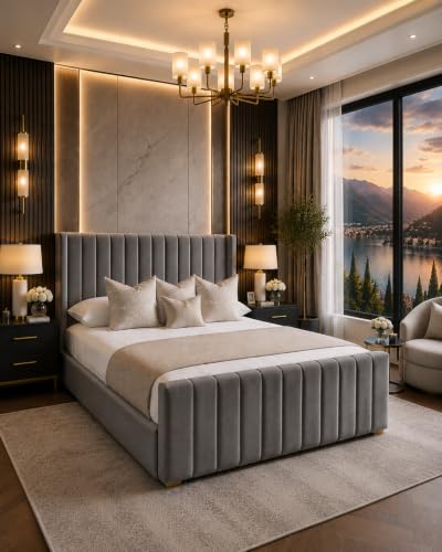 Image of Bed Croft Chesterfield Kensington Sleigh Bed Frame - Upholstered in Plush Velvet - Uk Made - Double/King/Super King (Grey Plush, Double 4ft6 Bed Frame)