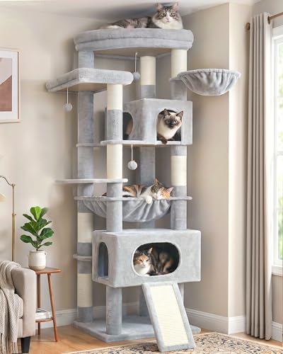 Gitelsnour Cat Tree, 78.7 inch Tall Cat Tower for Large Cats with Hammock, Cat House with Spacious Top Platform, 2 Big Condos for Indoor Adult Cats, Scratching Posts and Board, Light Gray GCT061W