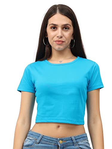 Image of FLEXIMAA Women's Cotton Plain Round Neck Half Sleeve Crop Top