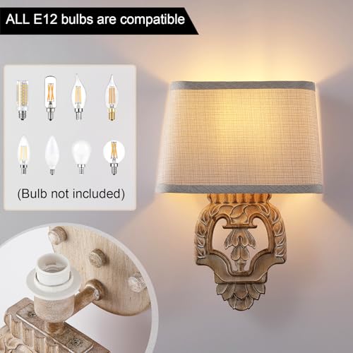 Image of Rustic Wall Sconce with Linen Shade Mini Vintage Antique Wood Wall Light Fixture Retro Farmhouse Mid Centry Wooden Wall Sconce for Bedroom, Hallway, Fireplace, Living Room, 2-Pack, E12