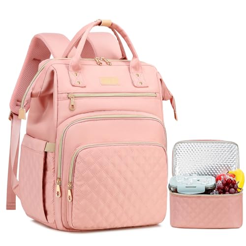 AIJIEKE Lunch Backpack for Women, 15.6 Laptop Backpack, Lunch Box, Pink