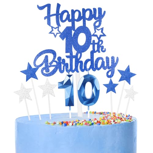 Image of Royal Blue Happy 10th Birthday Candles Cake Topper Set,Blue Number 10 Birthday Candles with Blue 10th Birthday Cake Toppers Star Cupcake Toppers for Girls Boys Birthday Anniversary Decorations