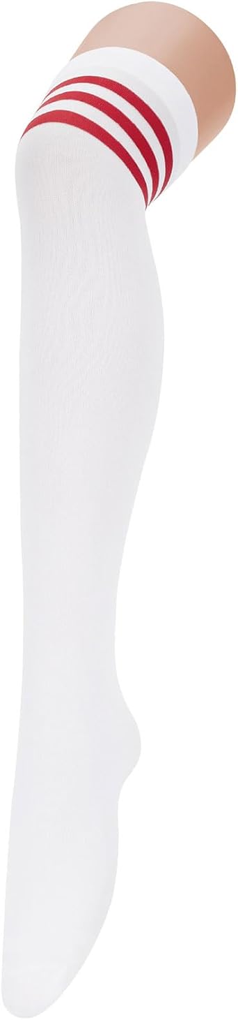 Century Star Thigh High Socks for Women - Extra Long Over Knee Socks with Triple Stripes - White & Red - One Size
