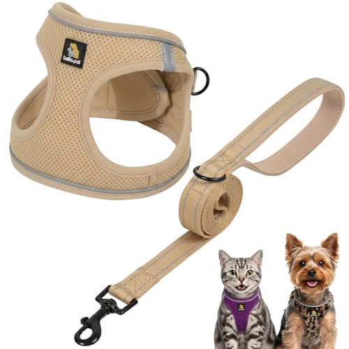 Image of BELLA & PAL Dog Harness and Leash Set, Step-in Puppy Harness, Breathable Air Mesh with Reflective Strips, No Pull Vest for Puppies/Extra Small/Small Dogs, Khaki, XXS