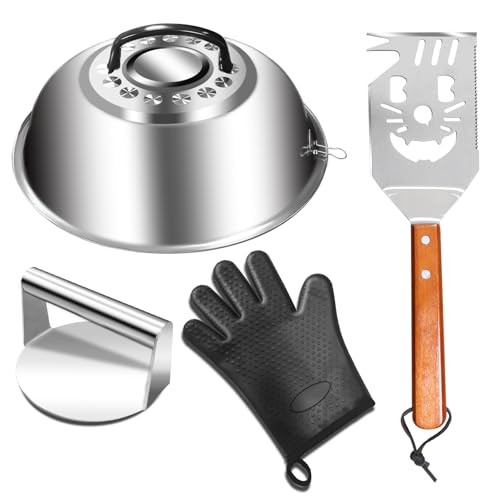 Smashed Burger Kit with Cheese Melting Dome & Smashed Burger Press, 10 Inch Heavy Duty Round Basting Cover with Griddle Spatula, Stainless Steel Griddle Accessories Kit for Flat Top Grill Cooking