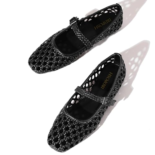 Image of Woven Mesh Ballet Flats Shoes for Women with Elastic Strap Square Toe Breathable Slip On Flat Mary Janes Dress Casual Shoes