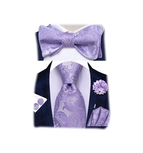 Image of Hi-Tie 5Pcs Mens Solid Color Silk Tie Satin Pretied Bowtie Lapel Pin for Men Handkerchief Cufflink Wedding Gift Box