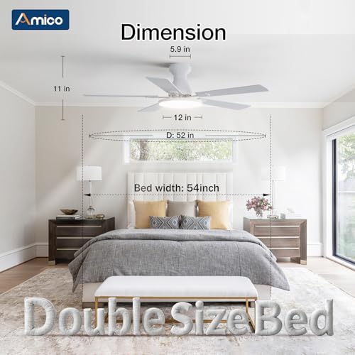 Image of Amico Ceiling Fans with Lights, 52 inch Smart Ceiling Fan with Remote /APP /Alexa Control, Flush Mount, Reversible DC Motor, 5 Blades, 6 Speeds, 3CCT, Dimmable, Noiseless, Bedroom, Living Room, White