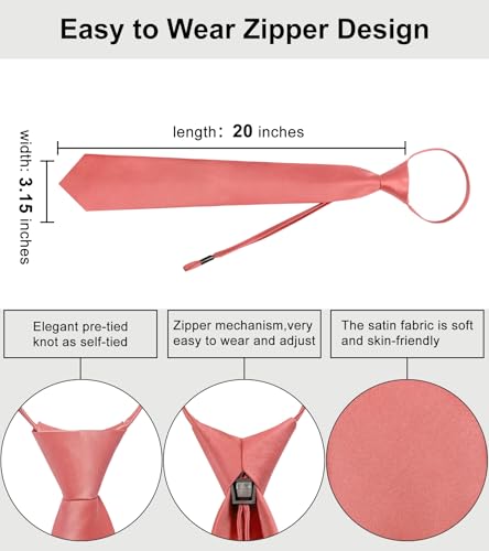 Image of YourTies Zipper Tie for Men Adjustable Pre-tied Satin Neckties and Pocket Square Set Solid Color Business Formal Wedding