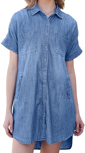 Image of OVRUNS Women Denim Shirt Dress Short Sleeve Button Front High-Low Hem Jean Shirt Mini Dresses with Pockets