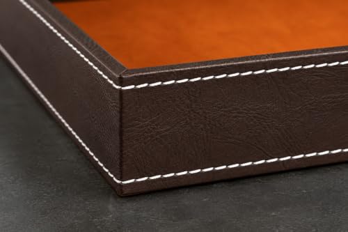 Image of Primuim Leather Desk Organiser Tray Faux Leather, 10 x 08 x 1.5 inch, Decorative Stitching Detail, Modern Professional Faux Rectangular Leather Serving Tray.Brown Color