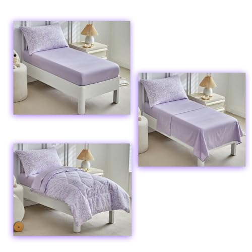 Image of JHXHMX Floral Toddler Bedding Set for Girls,4 Piece Bed-in-a-Bag Toddler Comforter Set,Soft Crib Bed Set Including Comforter,Flat Sheet,Fitted Sheet and Pillowcase-Purple