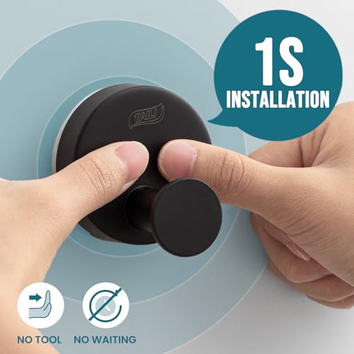Image of TAILI 304 Stainless Steel Bathroom Suction Hooks for Towel, Bathrobe, Loofah, Patented Strong Suction Cup Holder, No Damage Hanging Glass Shower Wall Hook, Classic Round, 2 Pack, Black