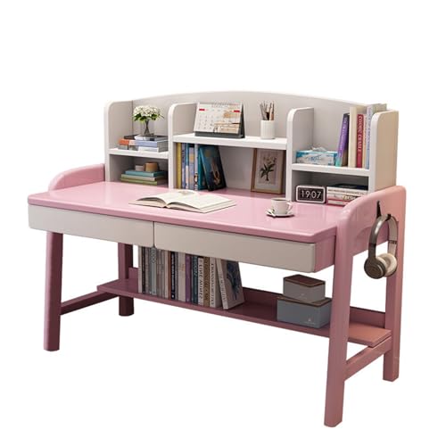Solid Wood Desk Kids Desks with Drawers and Bookshelf, Height-Adjustable Desk Suit for All Ages, Learning Computer Workstation Writing Desk with Hooks, Study Home Office Desk ( Color : Pink without ch