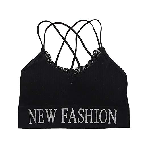 Nouvelty Femme Soutien-Gorge de Sport Dos croisé Bretelles Spaghetti en Dantelles Pull-up Bra imprimées pour Femme Top de Sport (Noir, Taille Unique) Cover