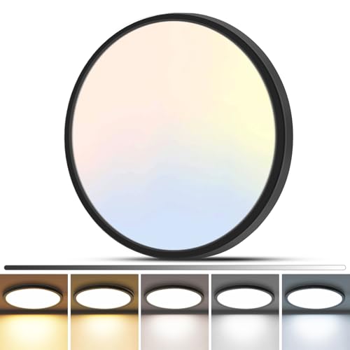 zemty 1Pack LED Flush Mount Ceiling Light, 12Inch 24W Dimmable Ceiling Lights Fixture, 5 Color Temperatures (3000K-6500K) Black Round Ceiling Lamp for Bedroom, Kitchen, Hallway,Bathroom