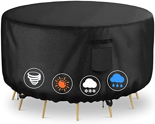 VGYUE Round Patio Furniture Covers, 100% Waterproof UV Resistant Anti-Fading Outdoor Furniture Table Chair Cover, Heavy Duty 600D Fire Pit Cover, 62" DIAx28 H, Black