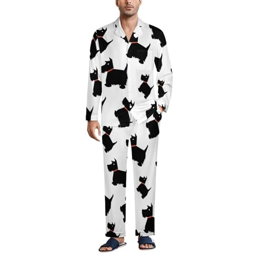 Scottish Terrier Dog Mens Long Sleeve Pajamas Set Soft Button Down Sleepwear Lounge Pjs Set with Pockets