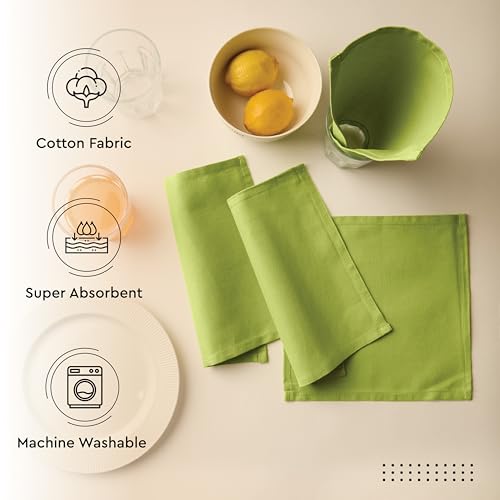 Image of Encasa XO Dining Cocktail Napkins 12 pcs (1 Dozen) Set of Large 23x23 cm (9 inchx9 inch) - Lime Green - Absorbent Heavy Cotton Party Fabric Machine Washable for Home Restaurant Banquet & Hotel
