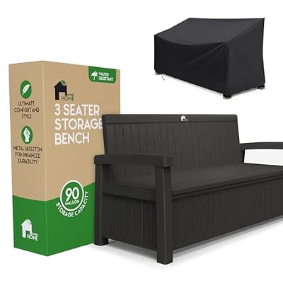 EconoHome 3 Seat Outdoor Storage Bench with Rain Cover - 90 Gallon Capacity - Weatherproof Resin Bench for Patio, Porch, Garden, Yard, Pool Area - Furniture for Pool Accessories, Gardening Tools